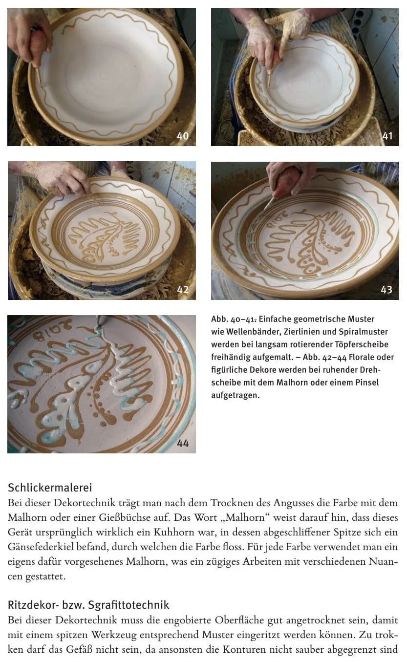 Bildtafel H: Geometrische Muster und Wellenbänder werden mit Malhorn und Ritzwerkzeug aufgebracht.