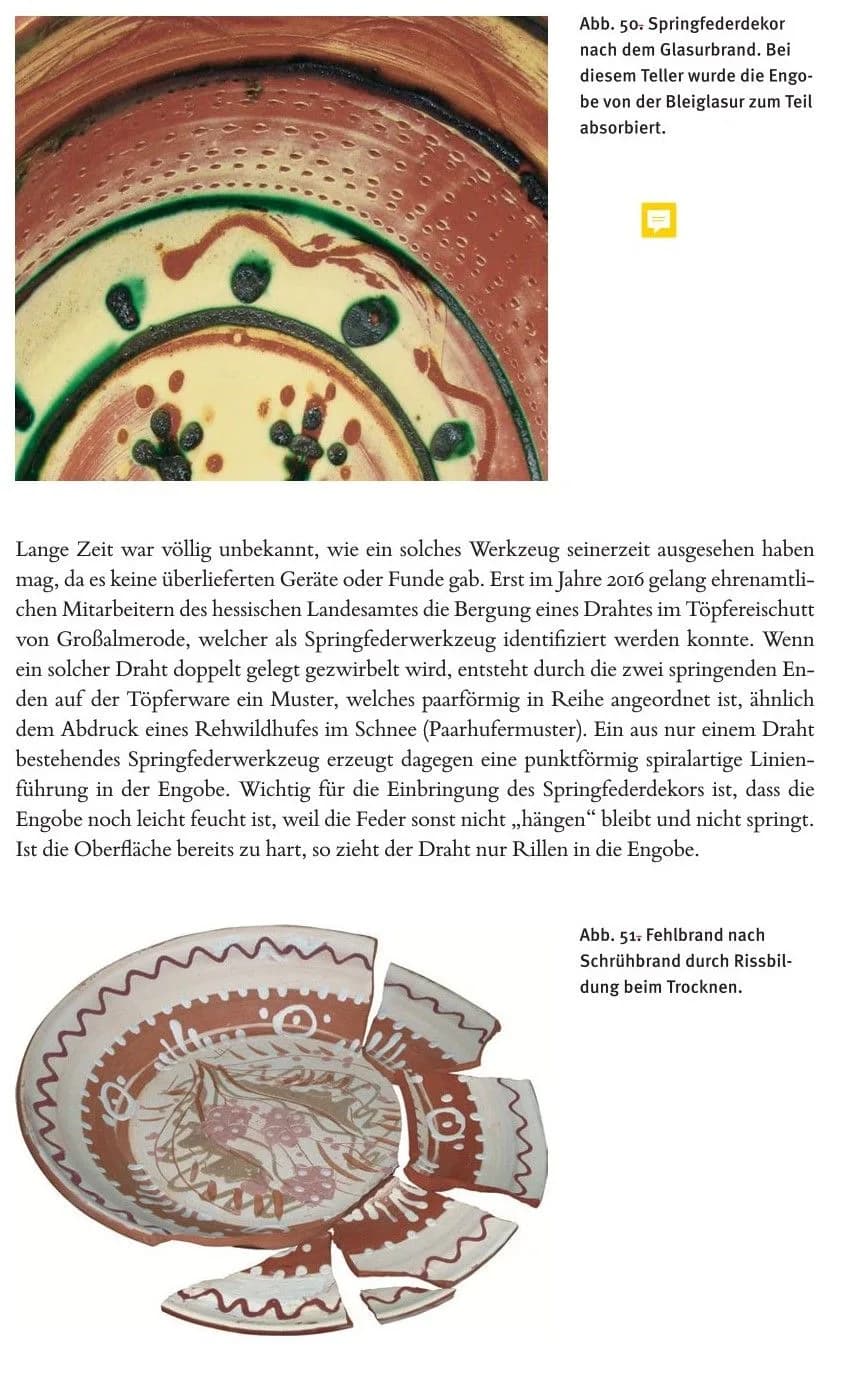 Bildtafel J: Springfederdekor, Schlickermalerei und Ritzdekor an einer historischen Scherbe erklärt.