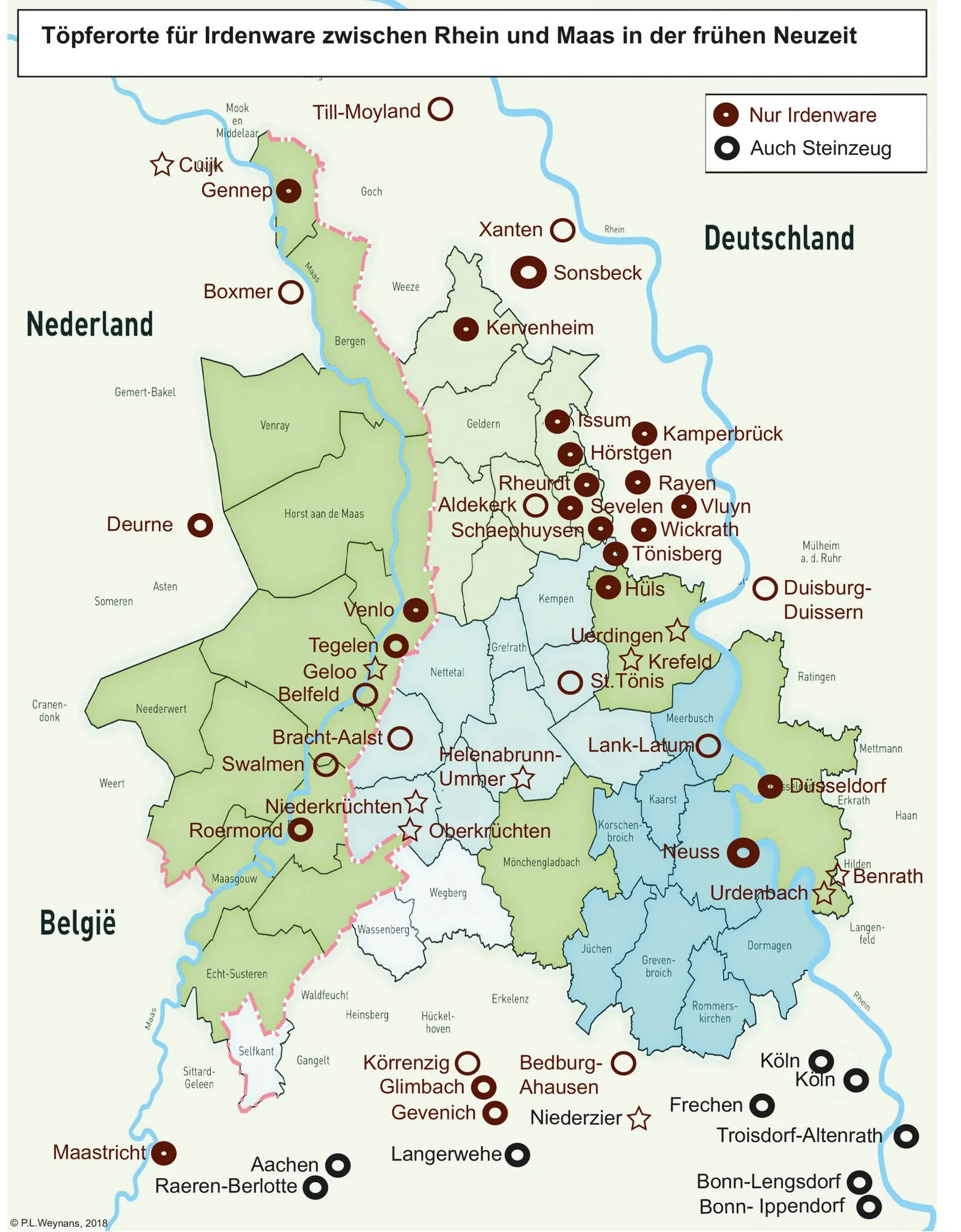 Karte der Töpferorte für Irdenware zwischen Rhein und Maas in der frühen Neuzeit. Orte mit nur Irdenware und Orte mit auch Steinzeug sind markiert.
