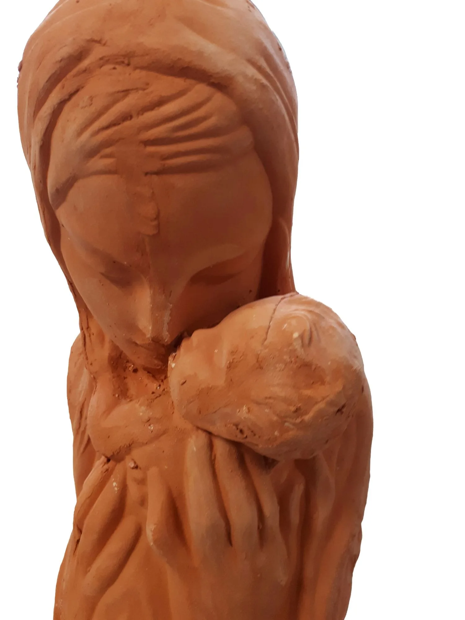 Muttergottes mit Jesuskind, rot gebrannt, Detail von Gesicht und Kind.