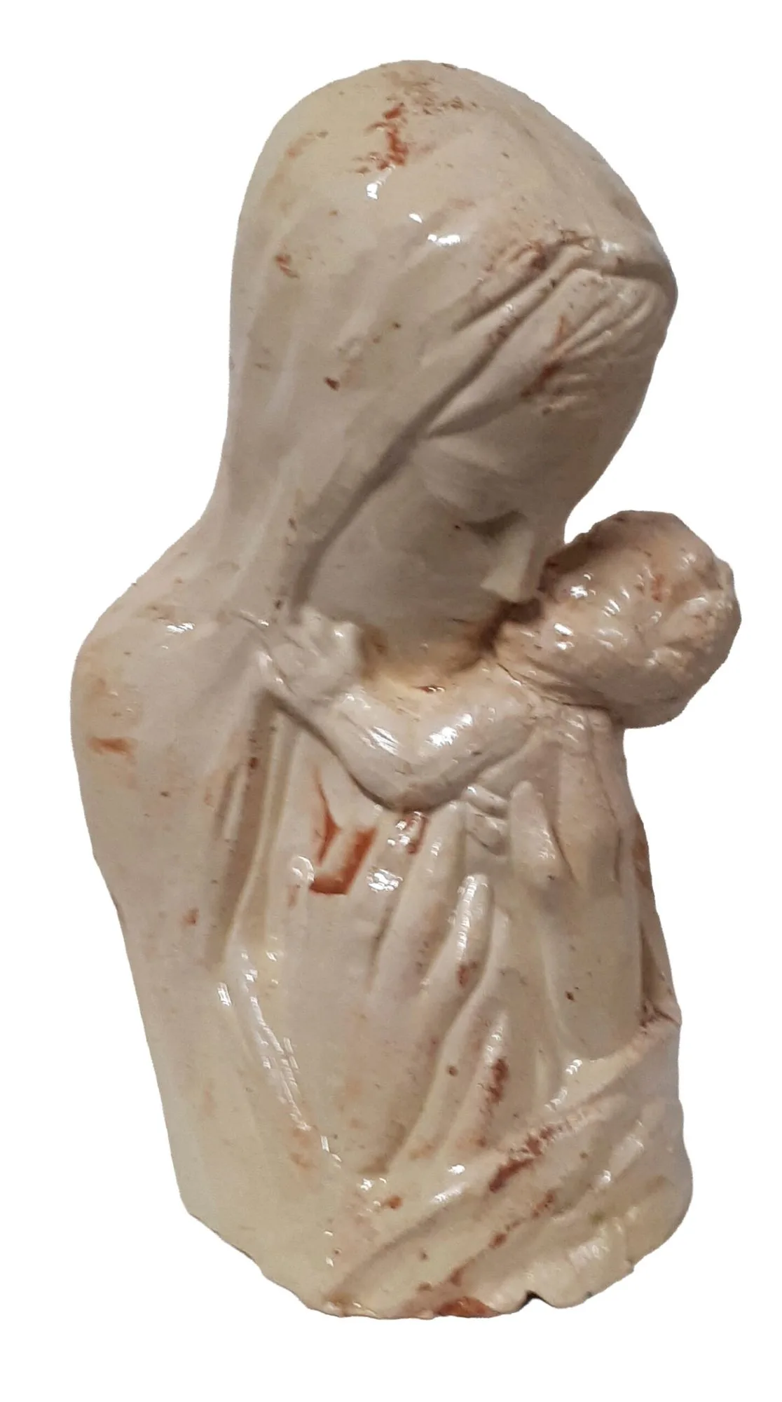 Muttergottes mit Jesuskind, glasierte Ausführung in Cremeweiß, schräge Ansicht.