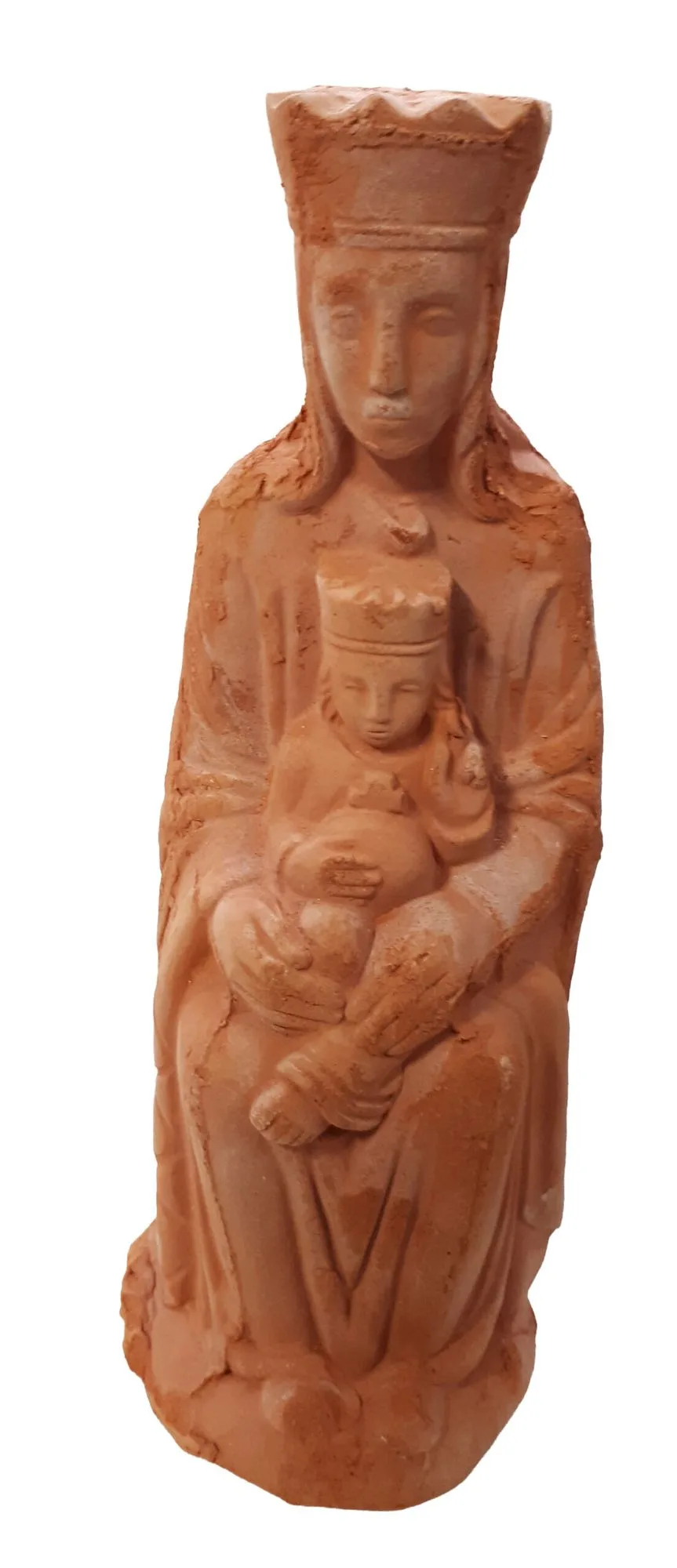 Gekrönte Madonna mit Jesuskind auf dem Schoß, gotischer Stil, rot gebrannte Irdenware.