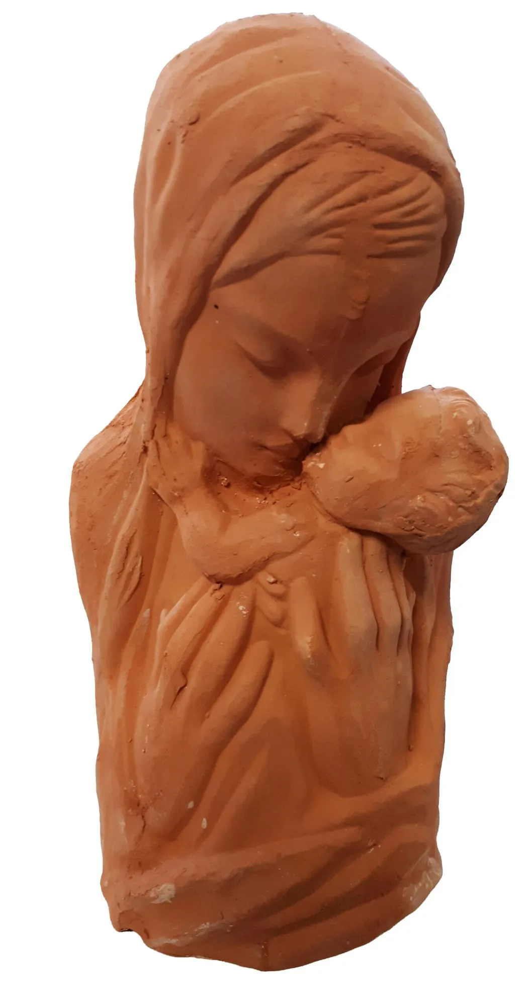 Muttergottes mit Jesuskind, rot gebrannte Irdenware, Vorderansicht.